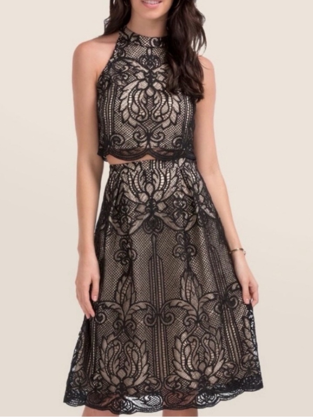 Francesca's Black Lace Overlay Two-Piece Set, Women’s Medium (8)